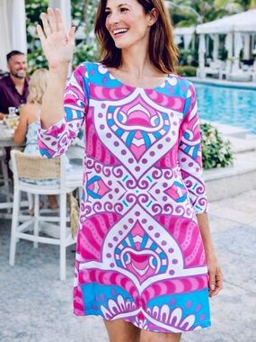 Like New Michelle Parisou Geometric Retro Preppy Long Sleeve Dress Pink Small
